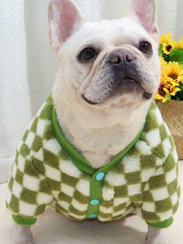 GMTPET Green and white checkerboard fat dog bulldog pug dog French fighting winter clothes plus velvet thick cardigan plush sweater 107-222039 www.cattree-factory.com